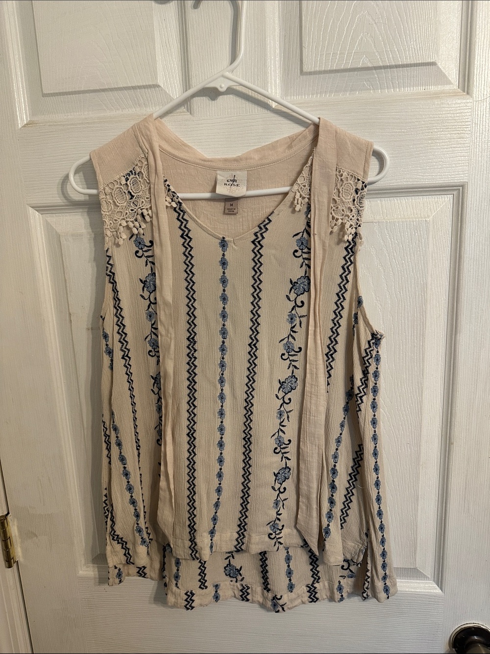 Knox Rose Cream Cold-Shoulder Tunic with Blue Embroidery
